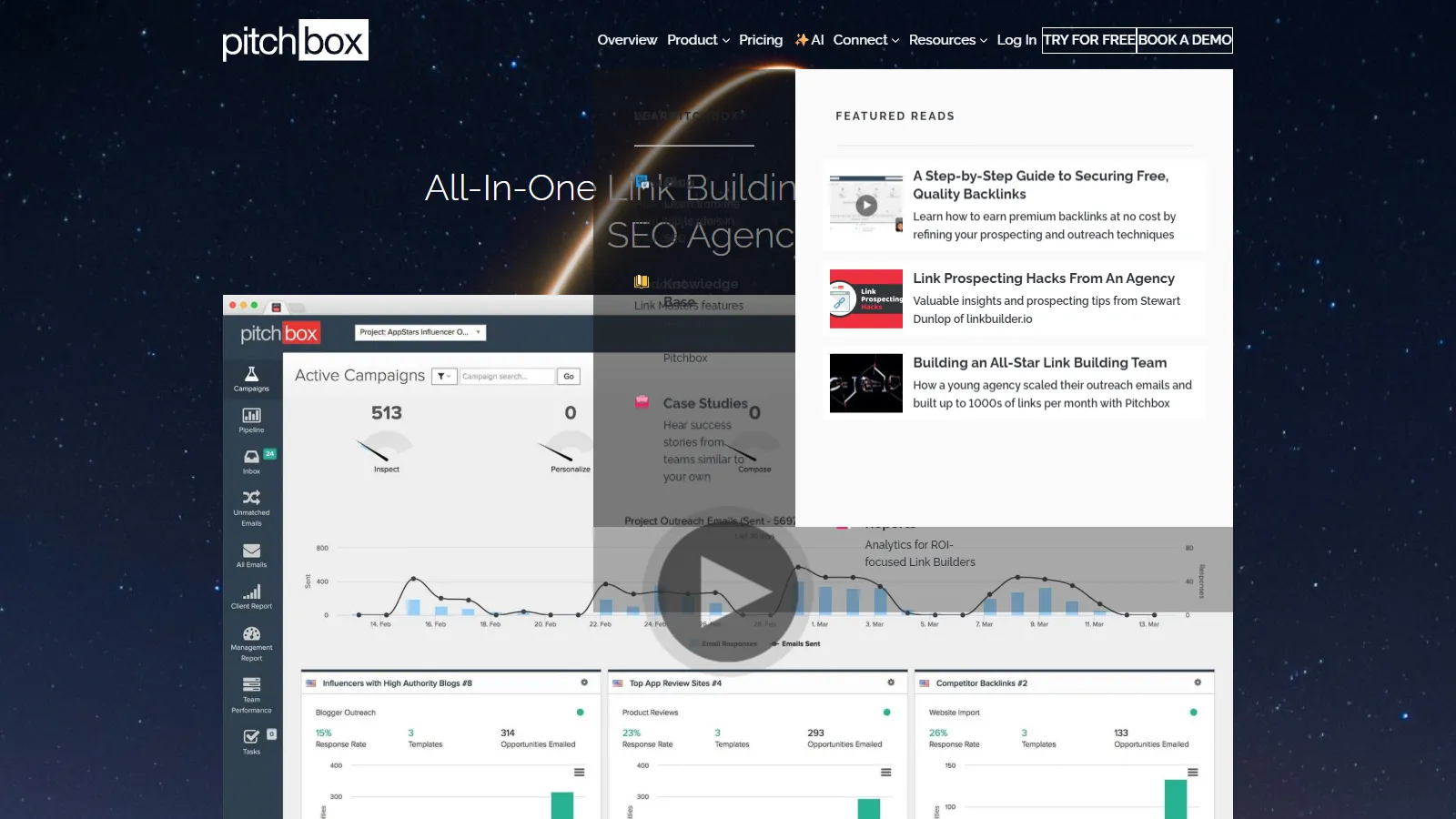 Pitchbox enterprise dashboard showing broken link discovery with Ahrefs integration