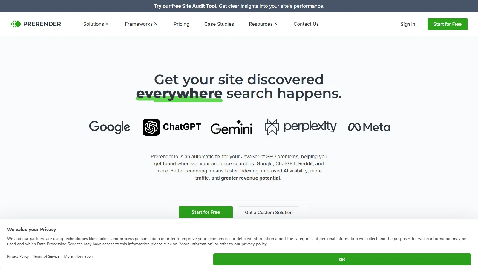 Prerender.io dashboard showing cached pages and bot traffic