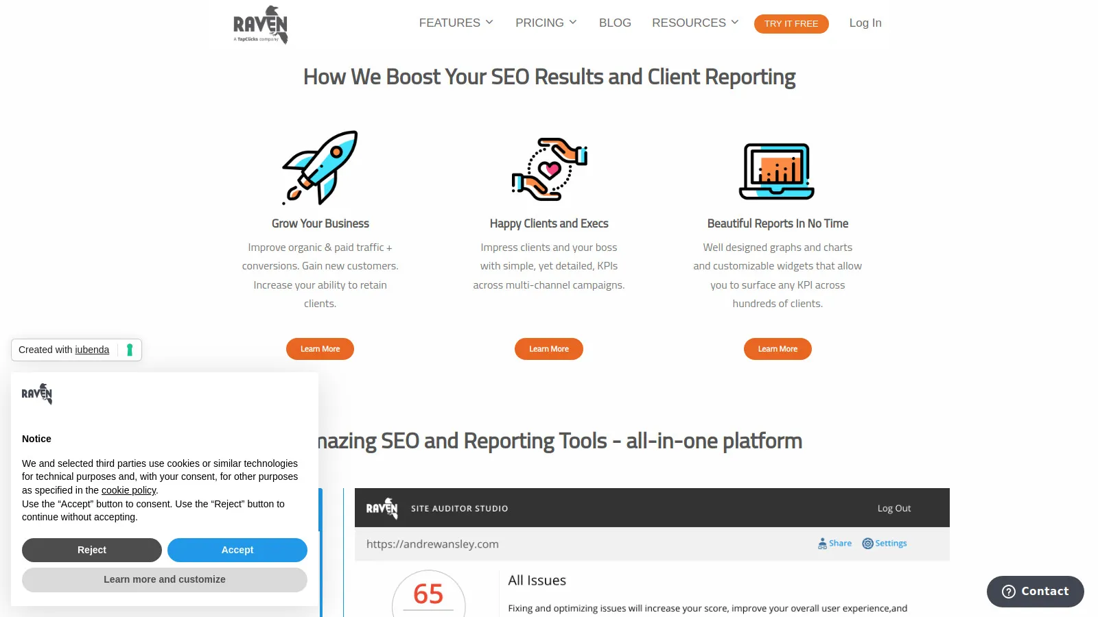 Raven Tools campaign manager showing integrated SEO tools and client reporting