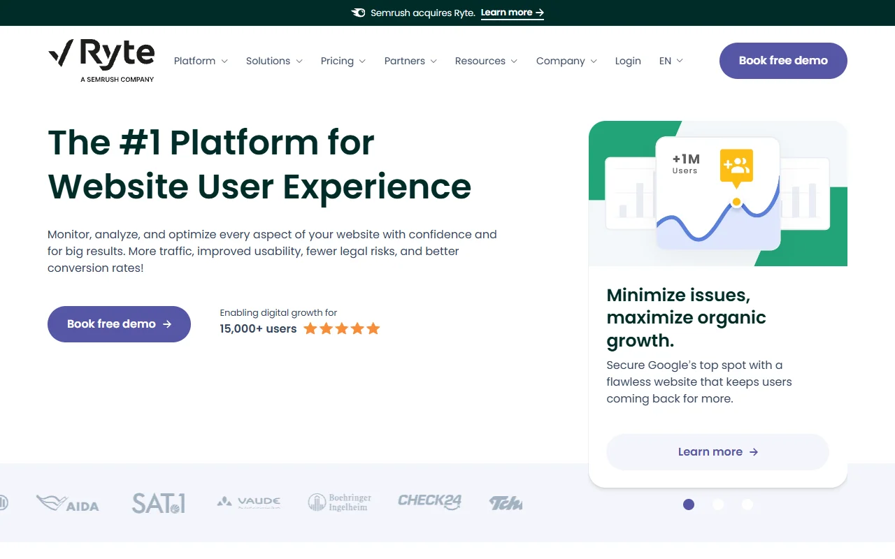 Ryte homepage showing website quality management features