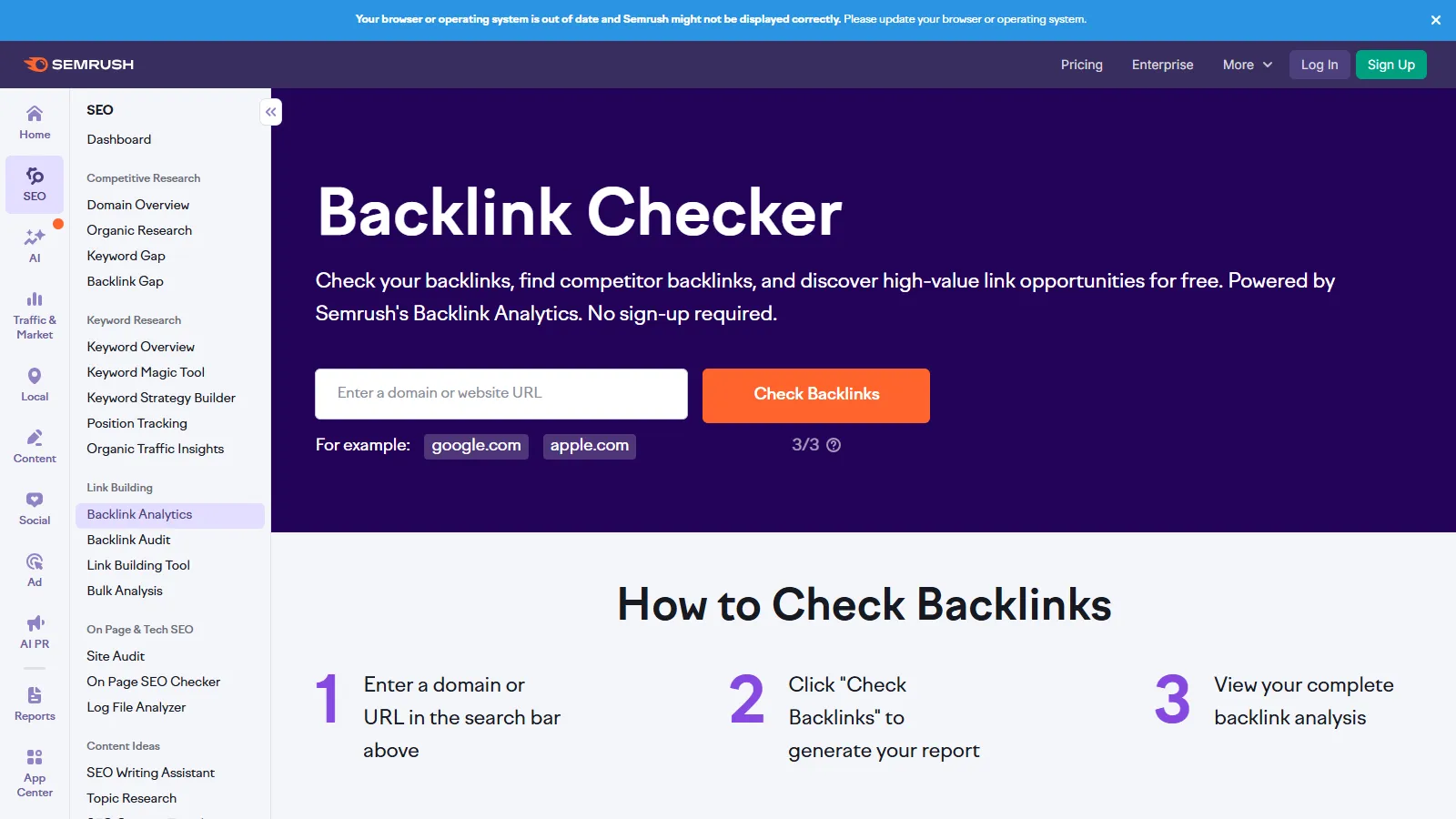 SEMrush Backlink Analytics homepage showing competitor backlink gaps features
