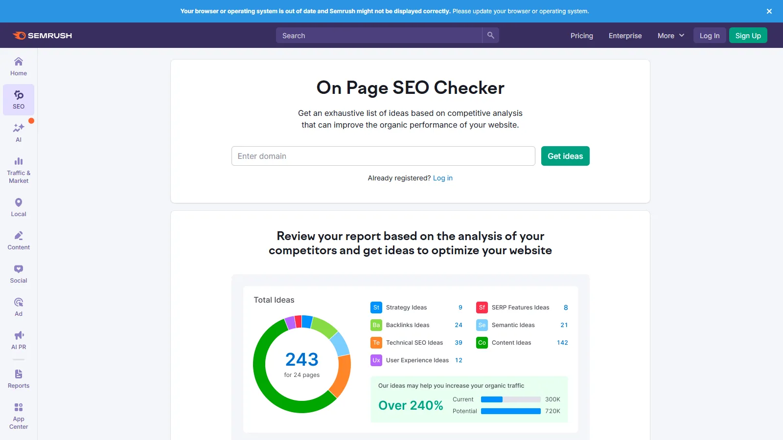 SEMrush Internal Linking homepage showing link opportunity finder features