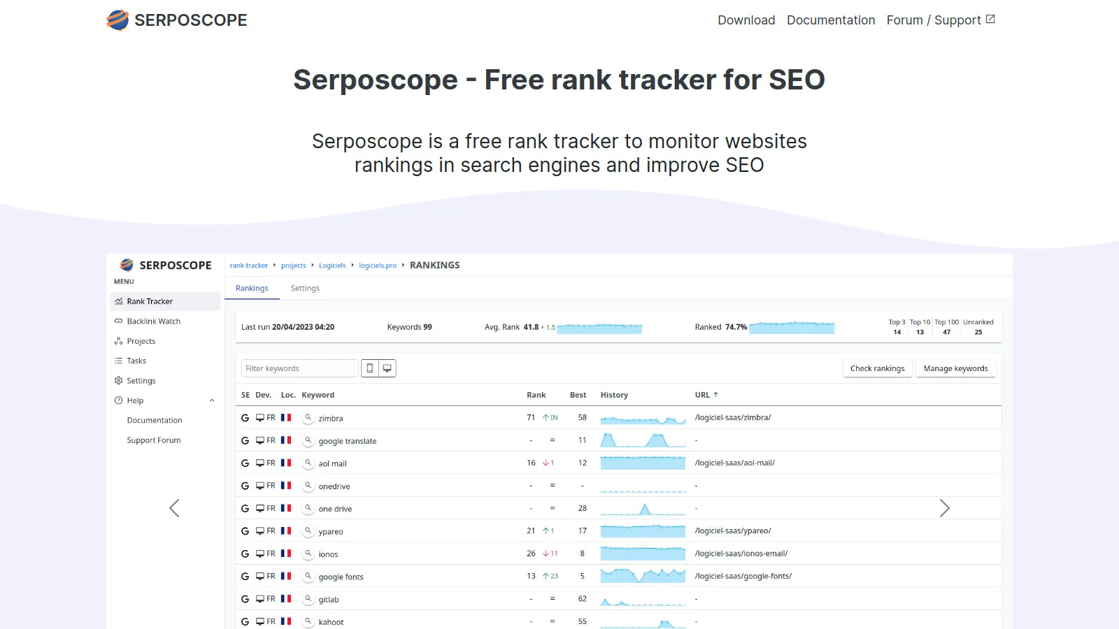 Serposcope self-hosted rank tracker showing unlimited keyword monitoring
