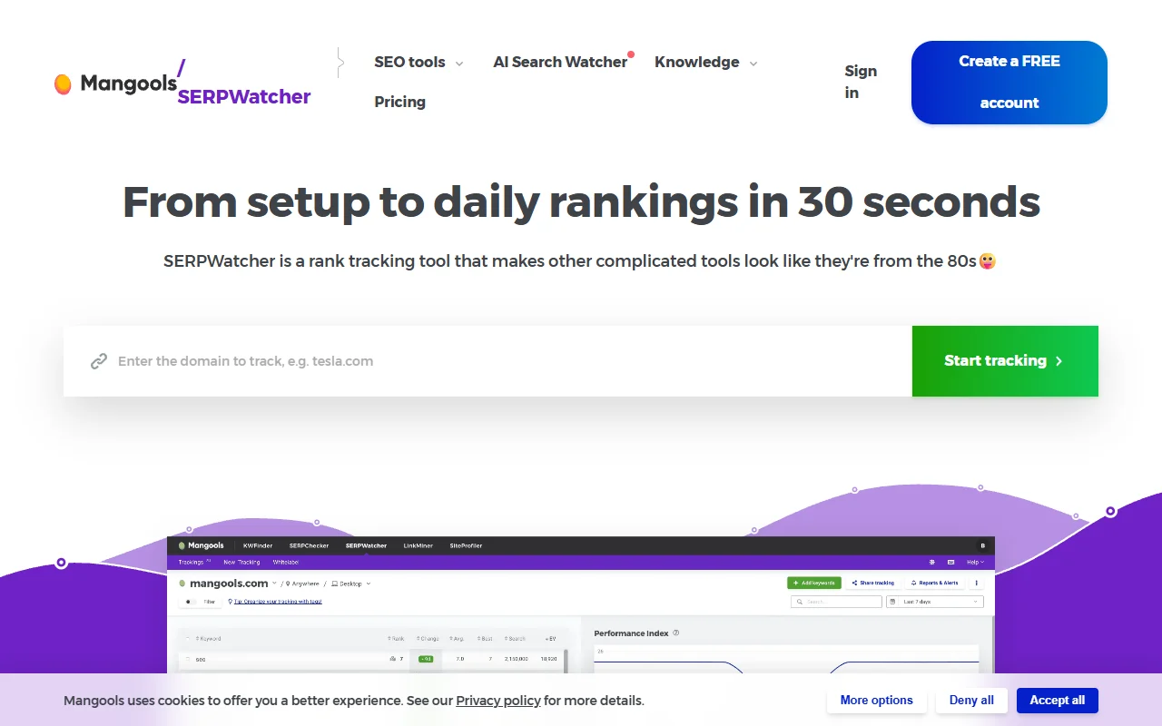 SERPWatcher homepage showing affordable tracking features