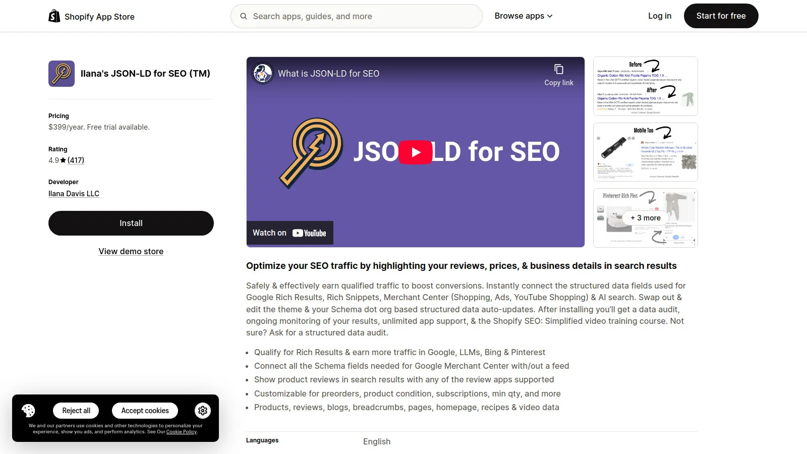 Shopify JSON-LD app dashboard showing one-click product schema implementation