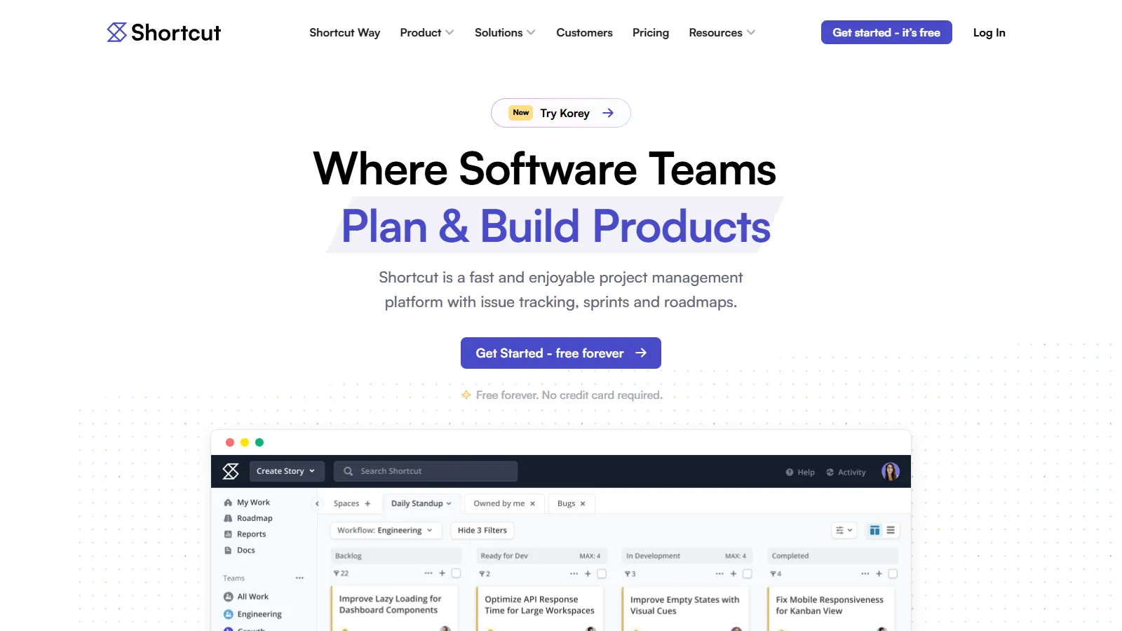 Shortcut kanban board showing stories, epics sidebar, and iteration progress