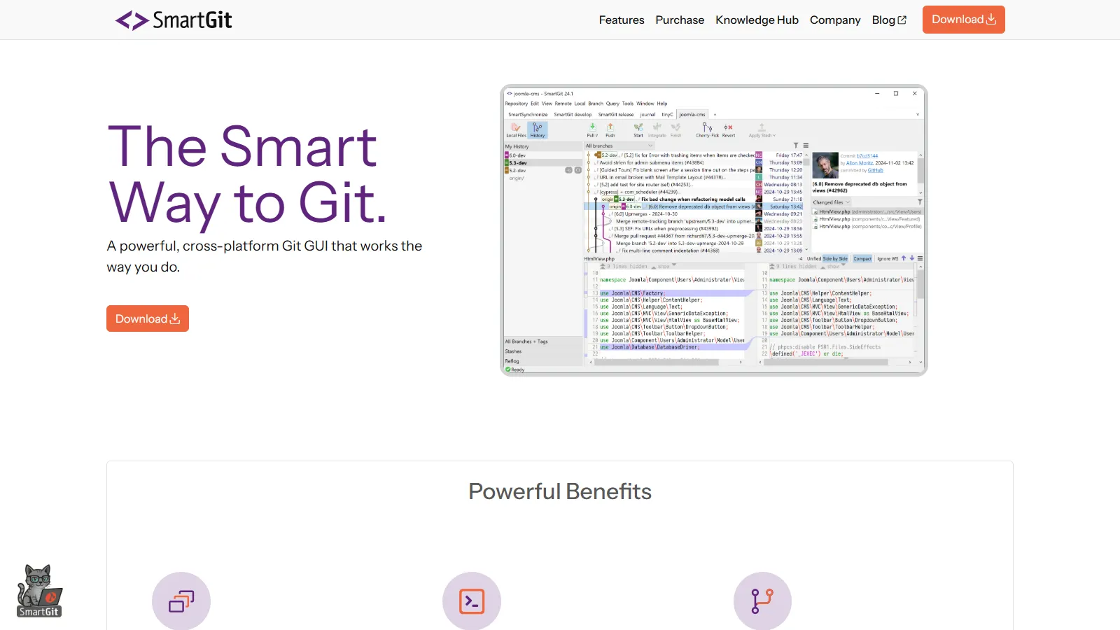 SmartGit showing advanced features, SVN support, and comprehensive Git operations