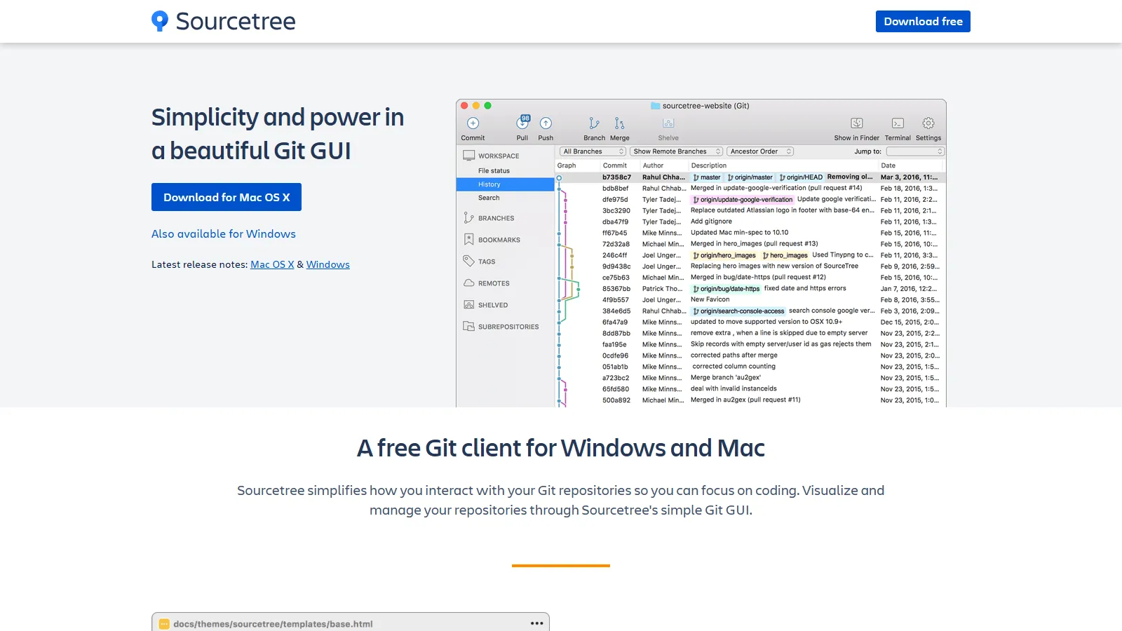 Sourcetree showing branch graph, Git Flow actions, and commit history