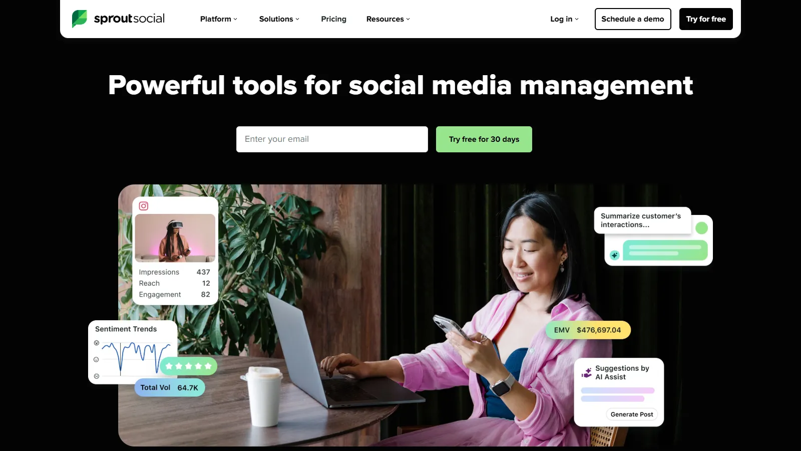 Sprout Social analytics dashboard with cross-platform metrics
