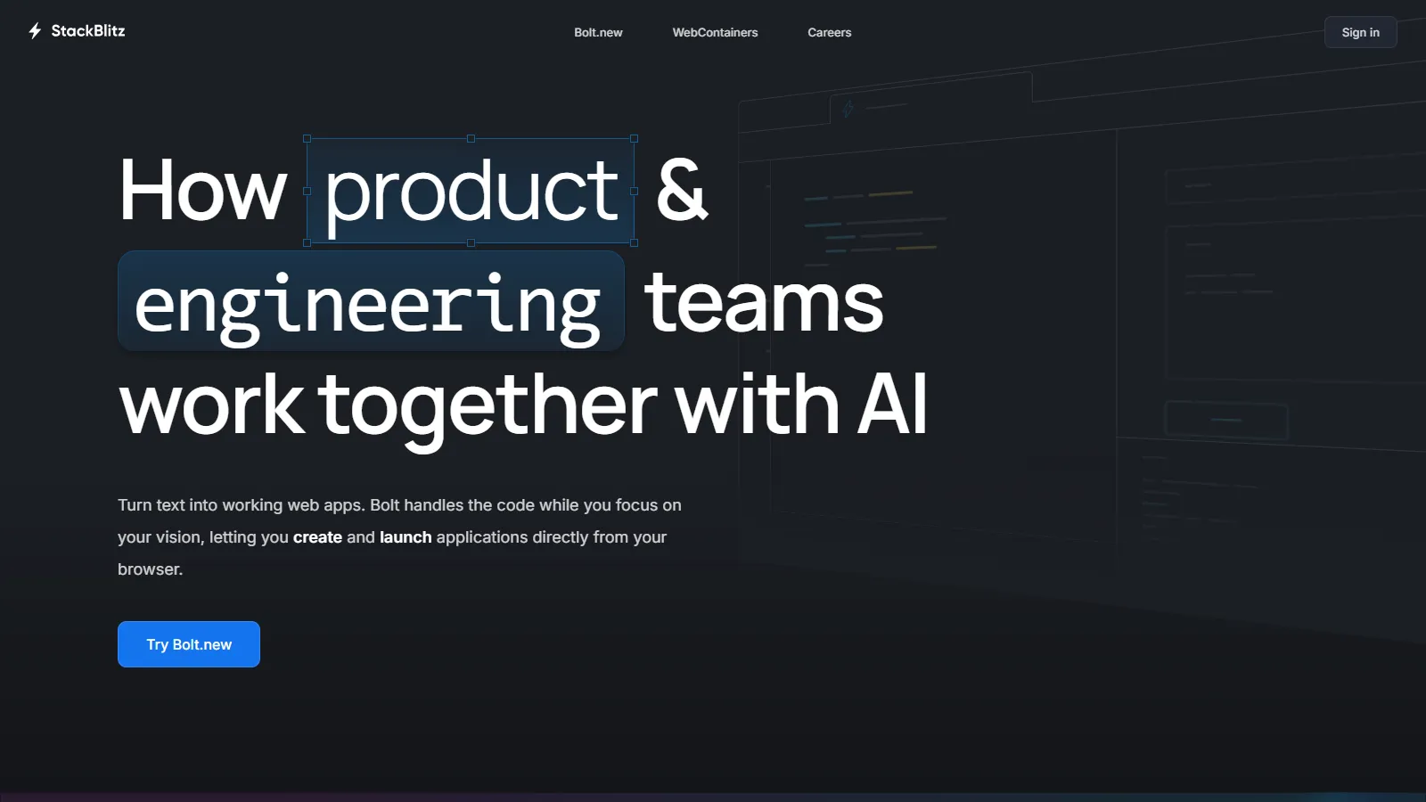 StackBlitz showing WebContainer-powered Node.js environment with instant startup