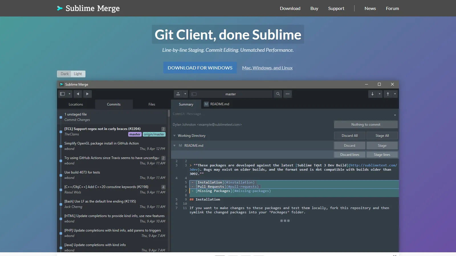 Sublime Merge showing command palette, syntax-highlighted diff, and fast interface