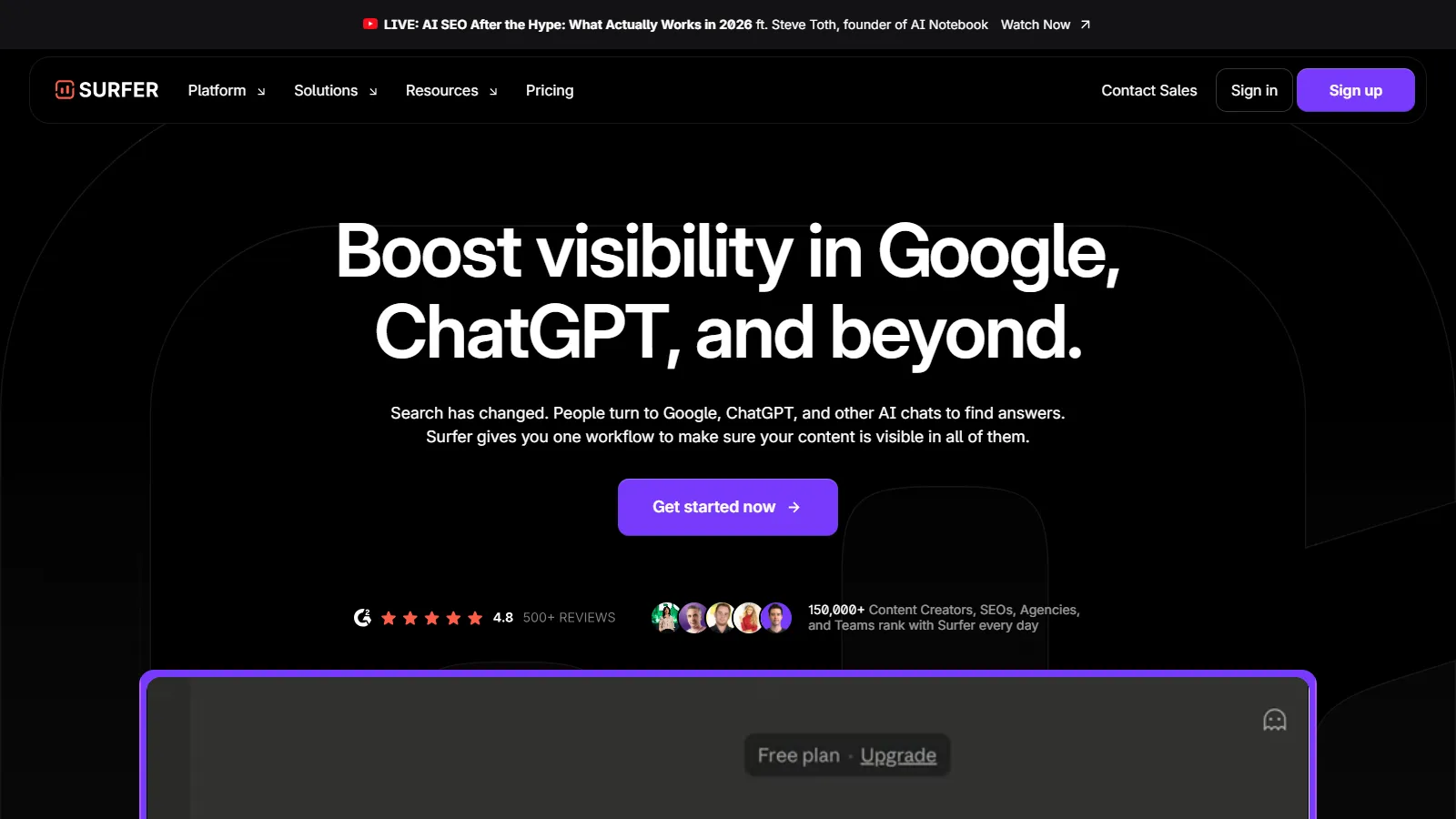 Surfer SEO homepage showing nlp content scoring features