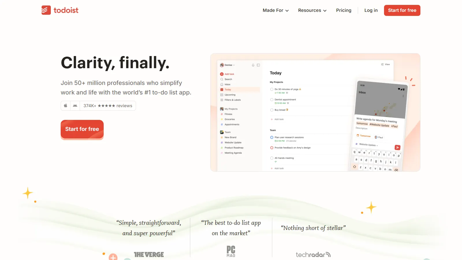 Todoist interface showing project list, natural language task input, and team sharing