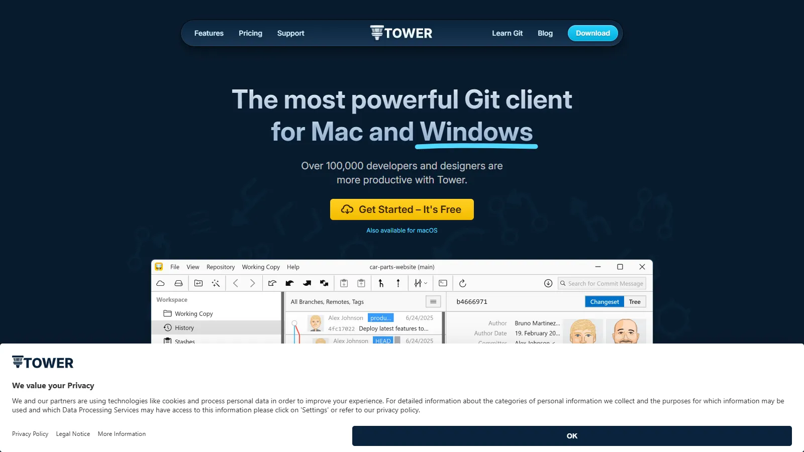 Tower showing undo feature, drag-and-drop branch operations, and conflict wizard