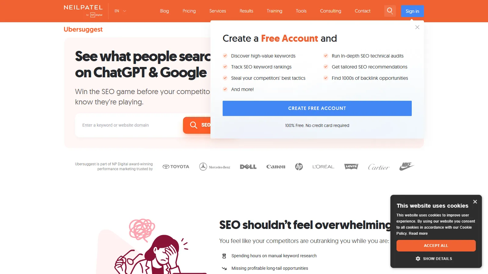 Ubersuggest homepage showing free keyword ideas features