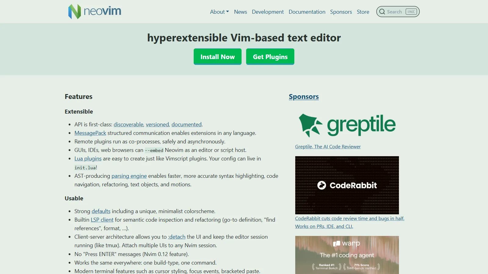 Vim/Neovim homepage showing terminal features