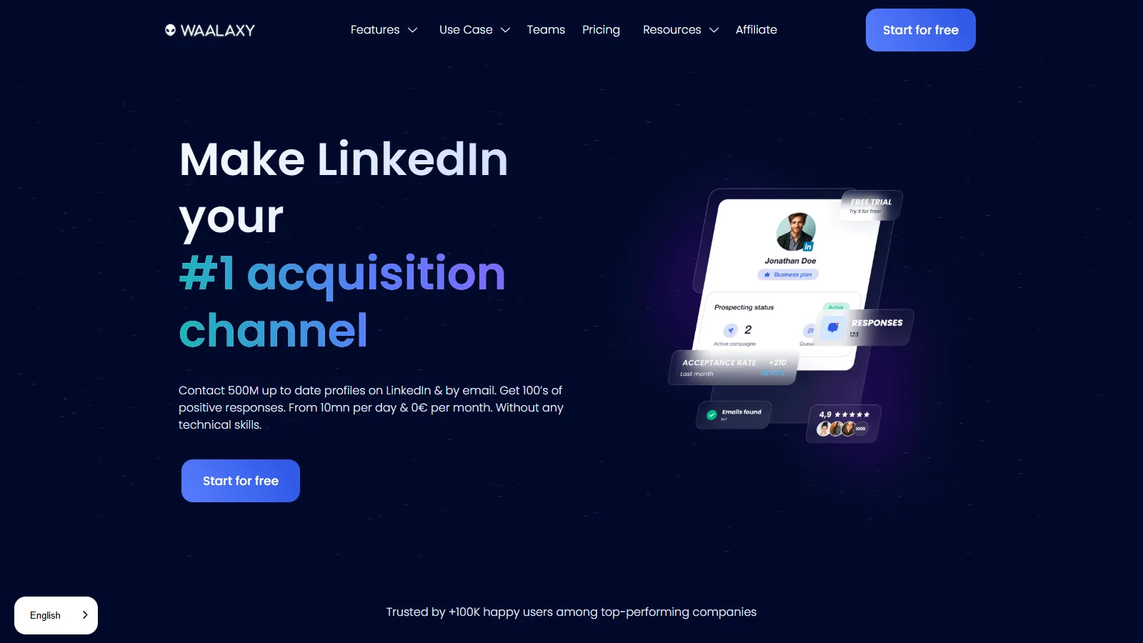 Waalaxy interface showing campaign templates, visual sequence builder, and prospect list