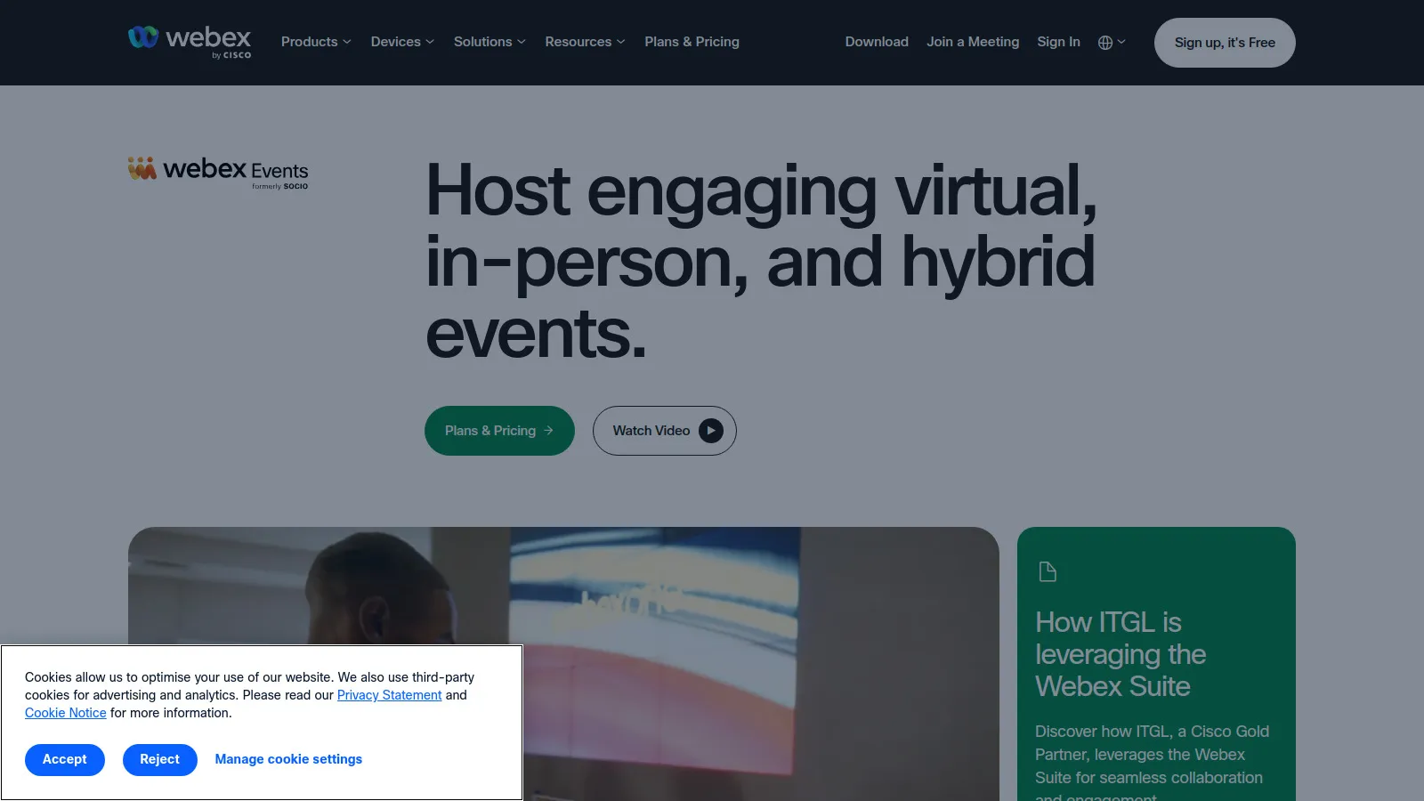 Webex Events enterprise platform showing virtual event and webinar capabilities