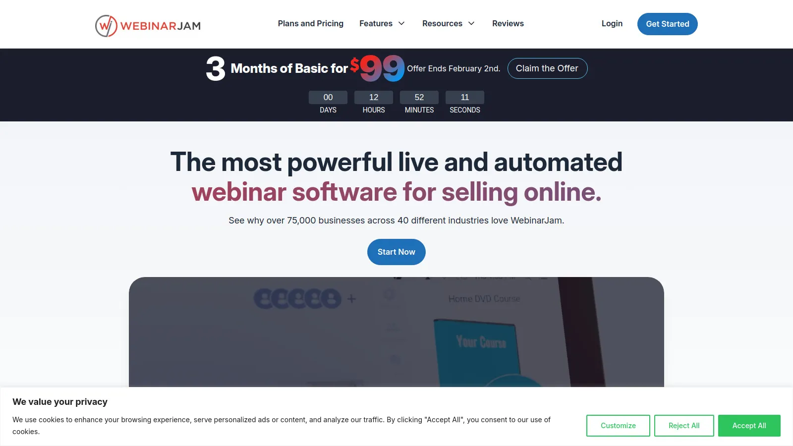 WebinarJam showing live webinar with pop-up offer and engagement panel