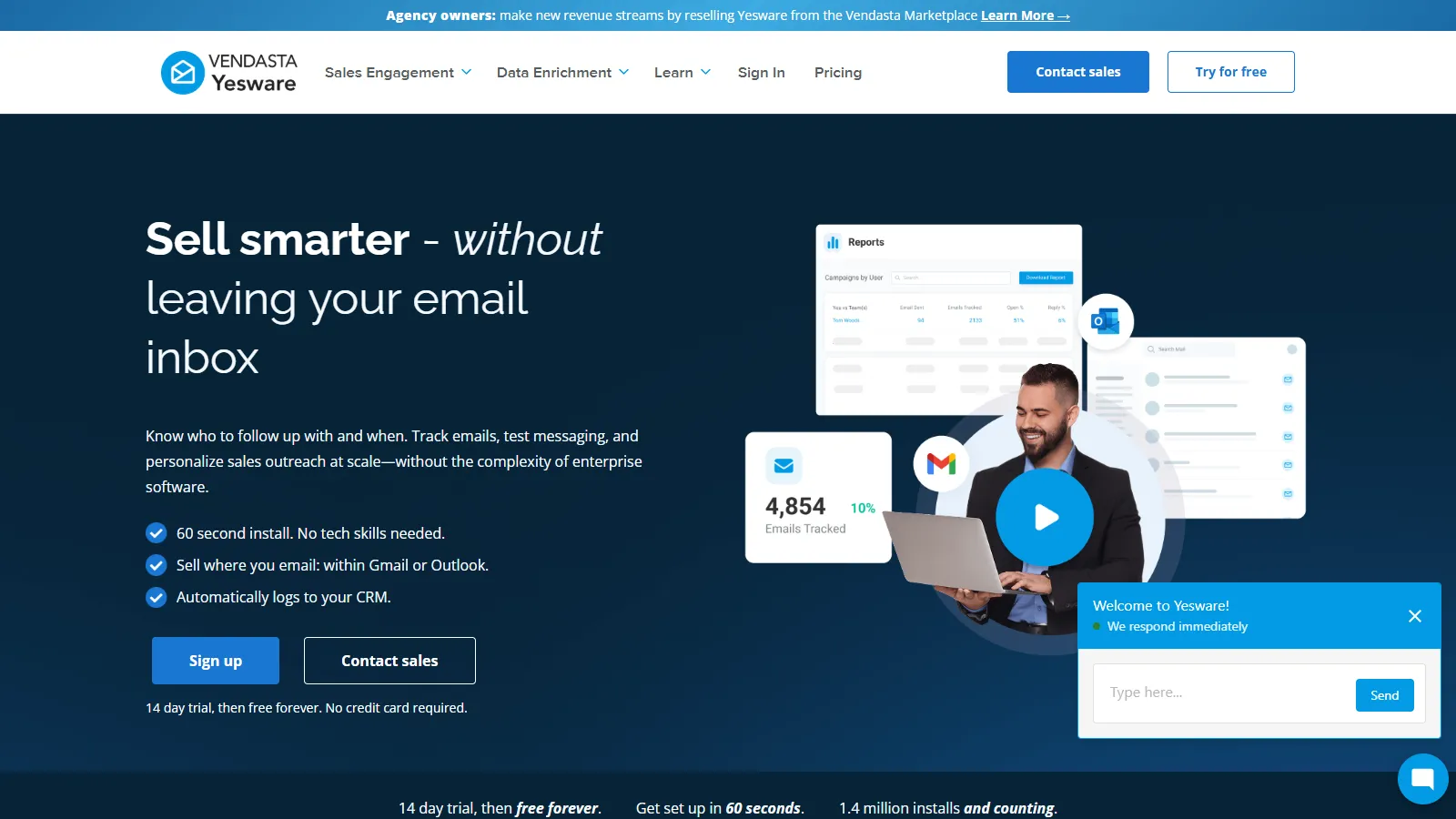 Yesware dashboard showing email engagement analytics, template performance, and team activity