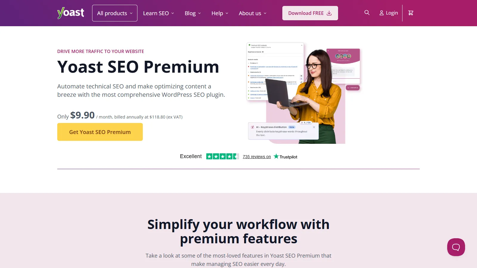 Yoast SEO Premium homepage showing linking suggestions features
