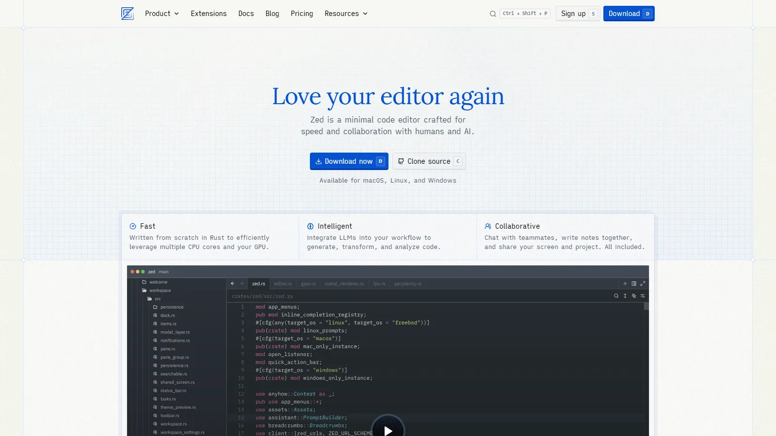 Zed showing Vim mode enabled, fast performance, and multiplayer collaboration