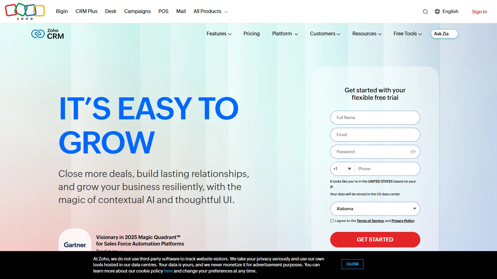 Zoho CRM free tier interface showing workflow automation and deal management
